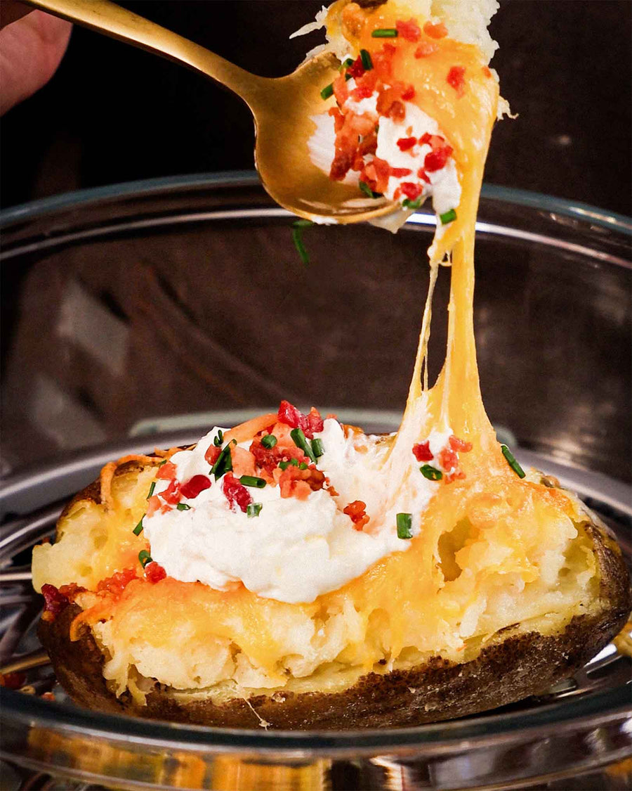 Delicious loaded baked potato in the combo air fryer glass pot