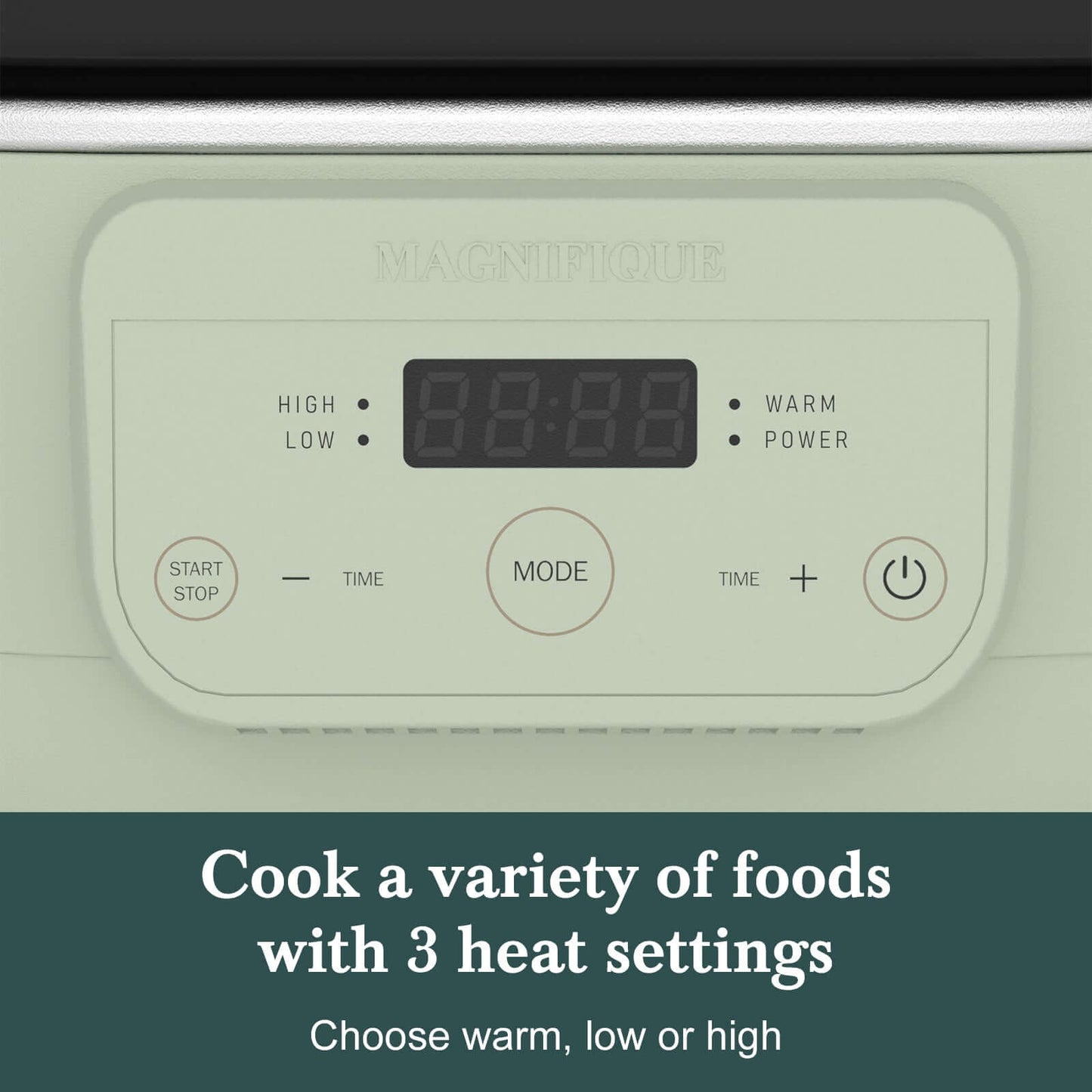 Slow Cookers by Magnifique control panel showcasing 3 heat settings for versatile cooking.