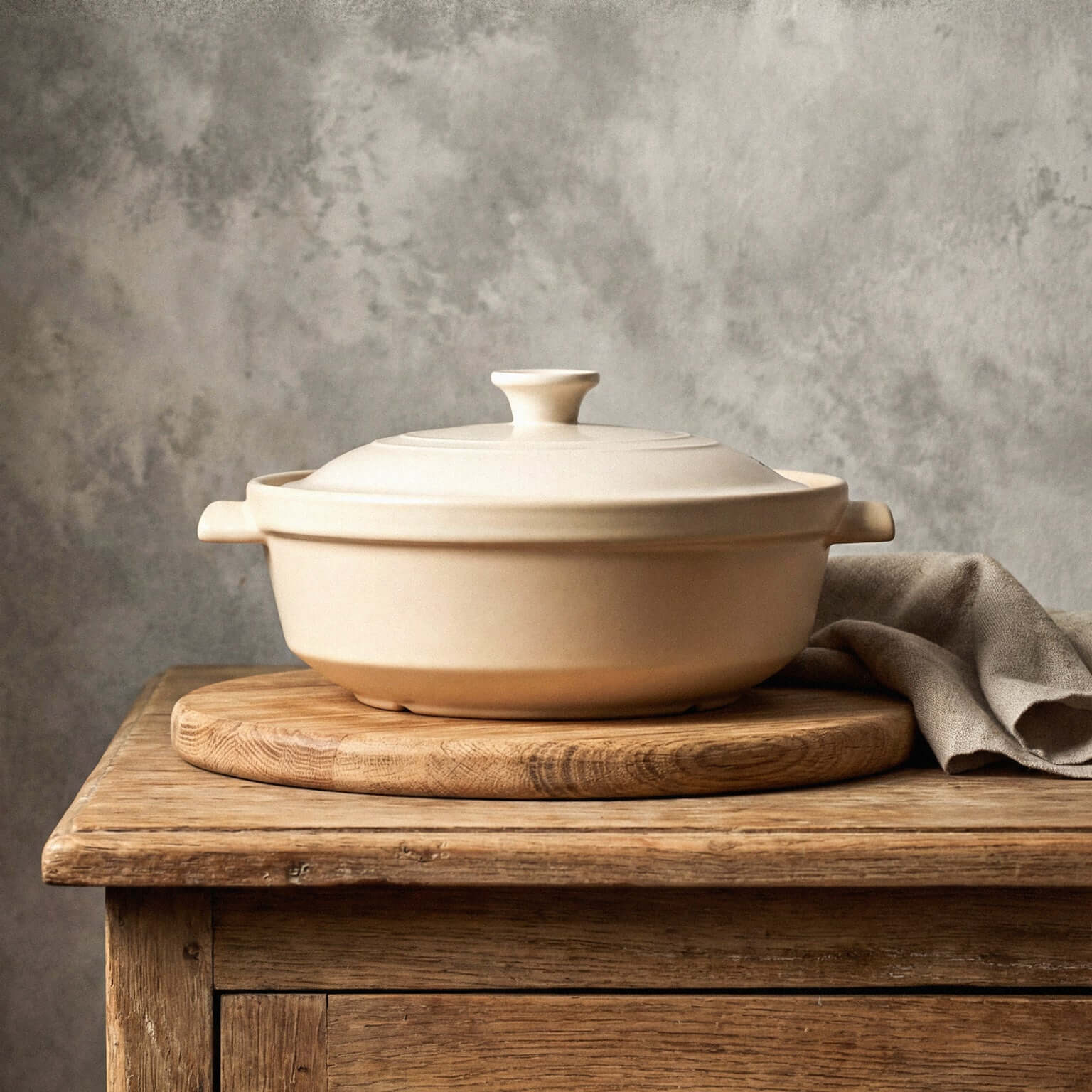 The Flami Pot on a wooden cutting board in a rustic kitchen setting, showcasing non-toxic clay cookware.