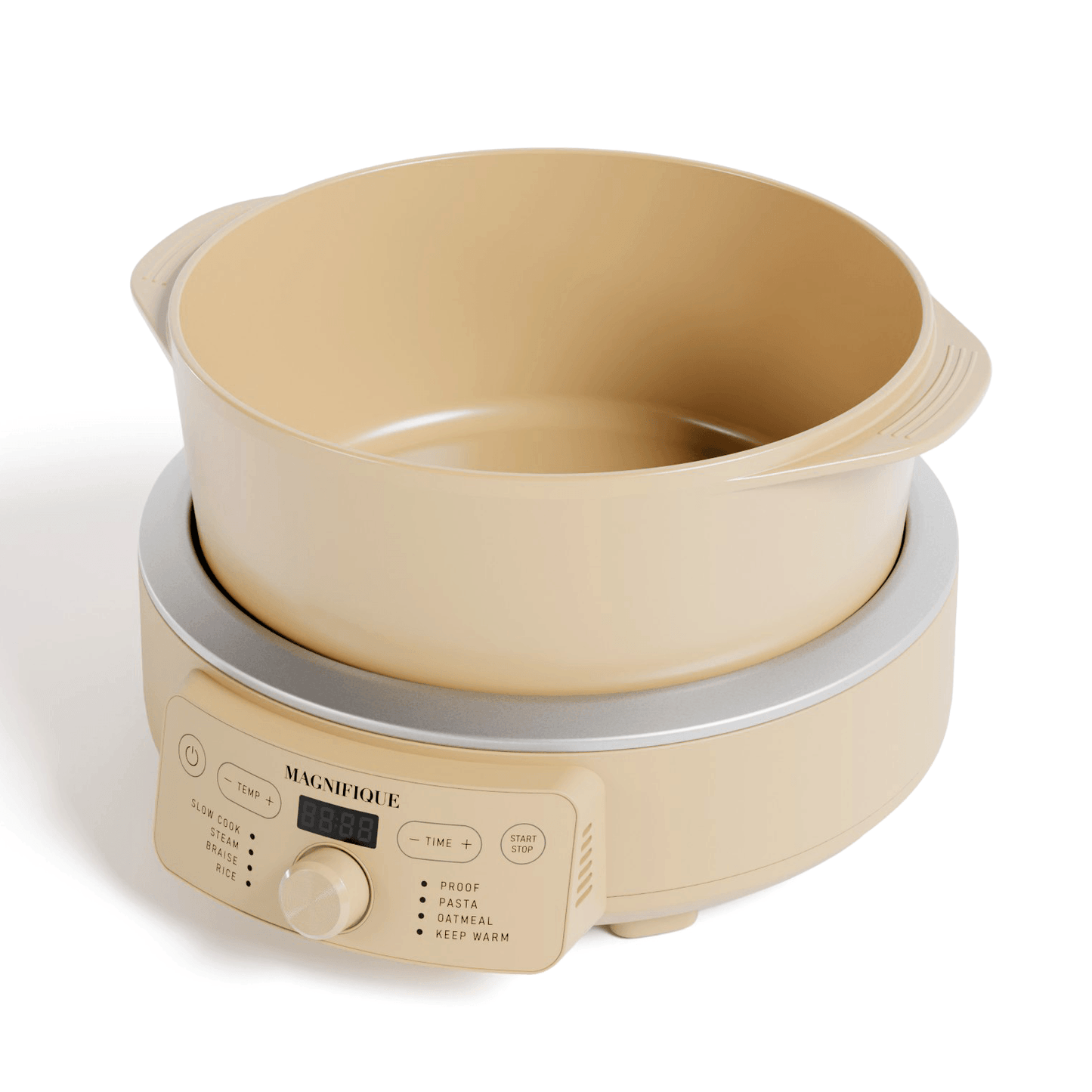 Round Claypot Multi-Cooker with a beige clay pot and digital controls for non-toxic cooking.