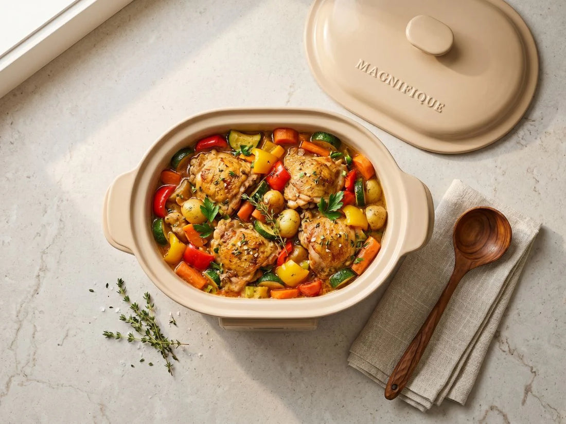 Food Network Recommends the Magnifique Claypot Multicooker for Amazon Prime Day, featuring a delicious meal inside.