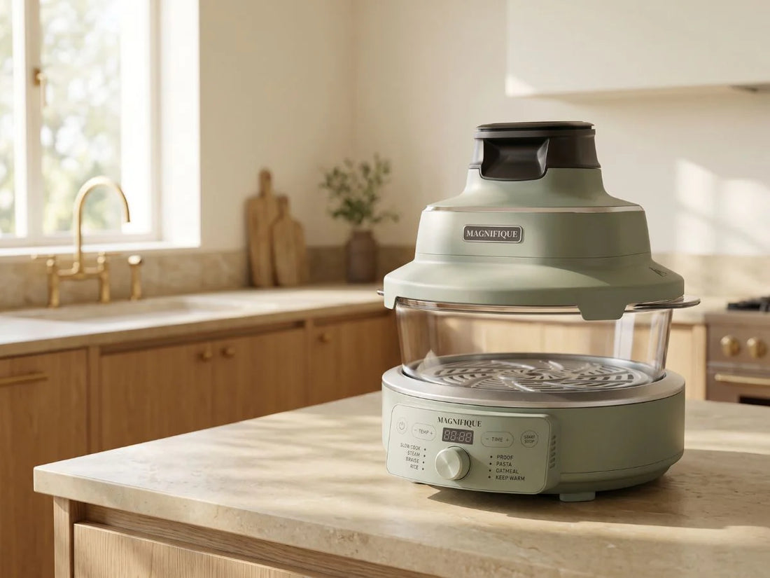 The Guardian Reviews the Magnifique Combo Air Fryer on a kitchen countertop showcasing its design and features.