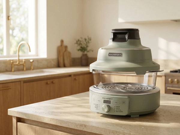 The Guardian Reviews the Magnifique Combo Air Fryer on a kitchen countertop showcasing its design and features.