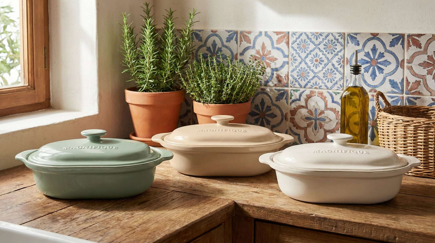 Bakeware collection of beautiful 100% non-toxic clay cookware with ceramic and glass air fryer options.
