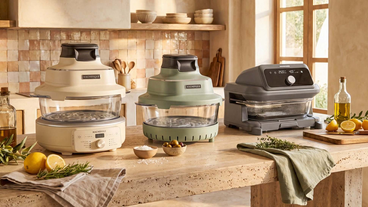 Air Fryer collection featuring eco-friendly air fryer and toxin-free kitchen appliances in a cozy kitchen setting.