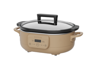 The Slow Cooker in beige with digital controls and glass lid, perfect for convenient cooking.