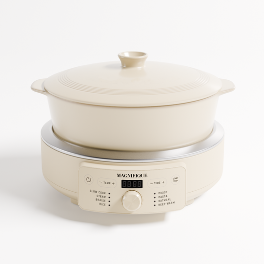 Round Claypot Multi-Cooker in oatmeal color, made with non-toxic kaolin clay, safe for family cooking.