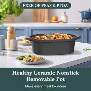 Slow Cookers by Magnifique in a kitchen setting, featuring healthy ceramic nonstick removable pot, free of PFAS.