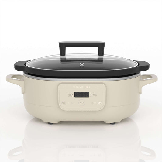 The Slow Cooker in oatmeal color, 6-quart kitchen appliance with digital controls and glass lid.