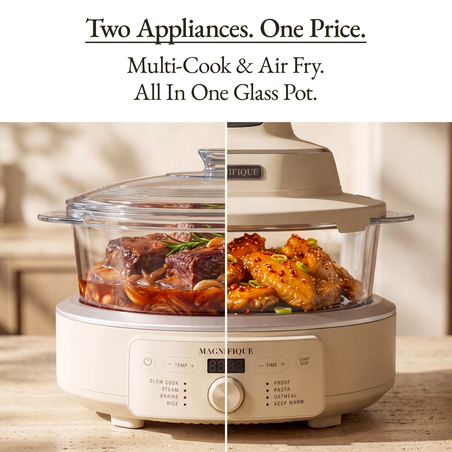 The Combo Air Fryer showcasing slow-cooked meats and air-fried dishes in a glass pot.