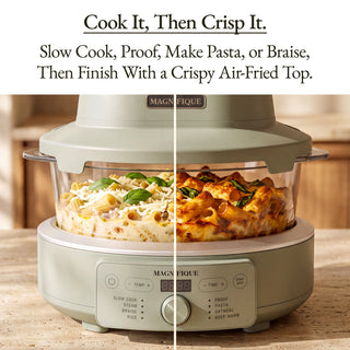 Close-up of The Combo Air Fryer demonstrating slow cooking and air frying with pasta and baked dishes.