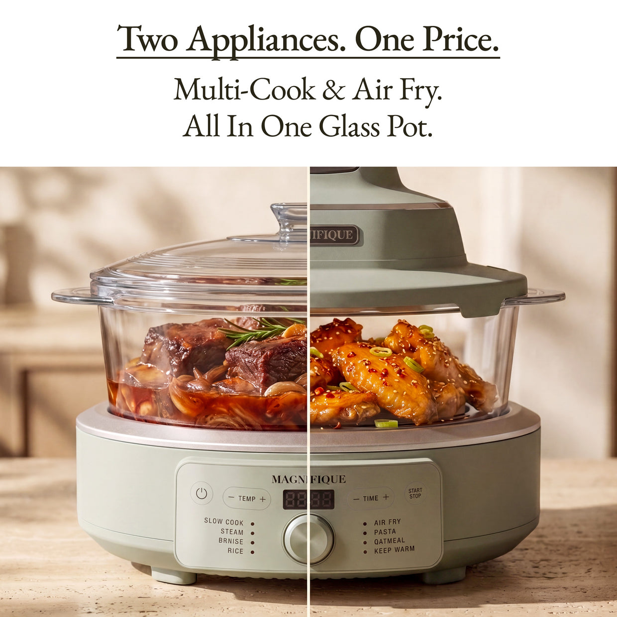 The Combo Air Fryer showing multi-cook and air fry functionalities in a glass pot.