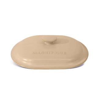 The Claypot: Pot & Lid Set - Beige ceramic lid with MAGNIFIQUE inscription, ideal for chemical-free cooking.
