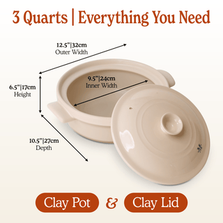 The Flami Pot dimensions: 3 quarts clay pot with outer and inner widths, depth, and lid details.