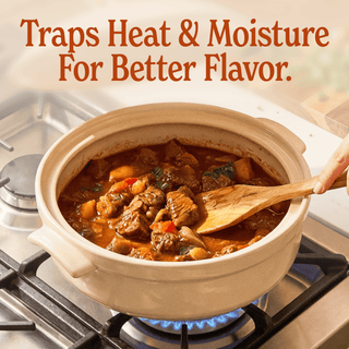 The Flami Pot on stove, trapping heat and moisture for better flavor in delicious meals.