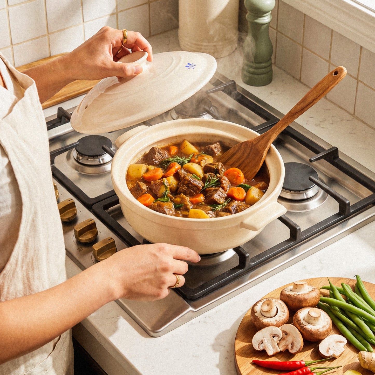 The Flami Pot in use, showcasing toxin-free cookware perfect for chemical-free cooking.