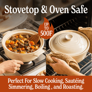 The Flami Pot shown stovetop and oven safe for versatile cooking, featuring non-toxic clay cookware.