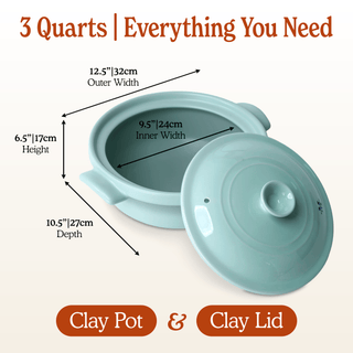 The Flami Pot dimensions and features, showcasing a 3-quart non-toxic clay pot and lid.