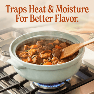The Flami Pot on the stove, showcasing its ability to trap heat and moisture for better flavor.