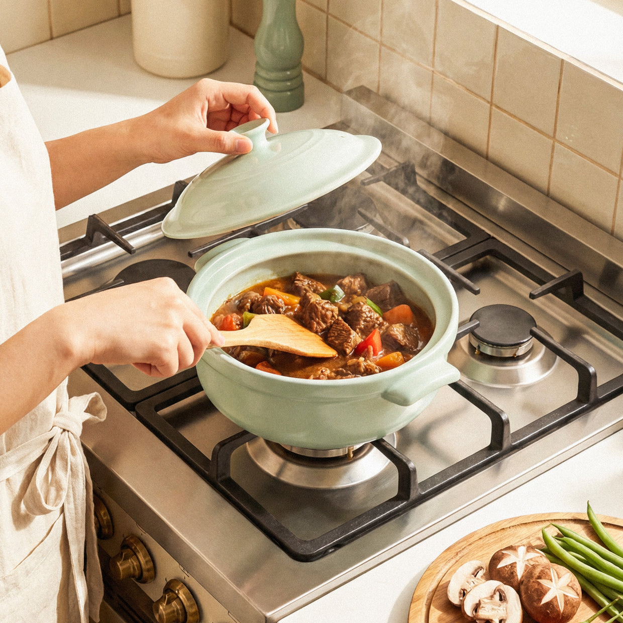 Cooking with The Flami Pot, a non-toxic cookware for delicious meals on the stovetop.