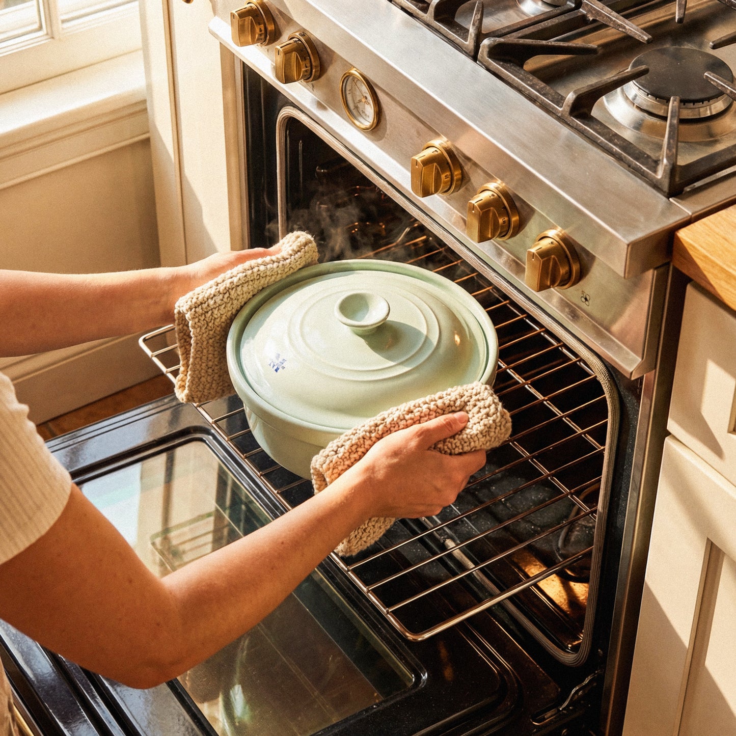 Person placing The Flami Pot in the oven, showcasing toxin-free cookware for healthy meals.