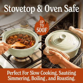 The Flami Pot displayed on stovetop and in oven, showcasing stovetop and oven safe features for versatile cooking.