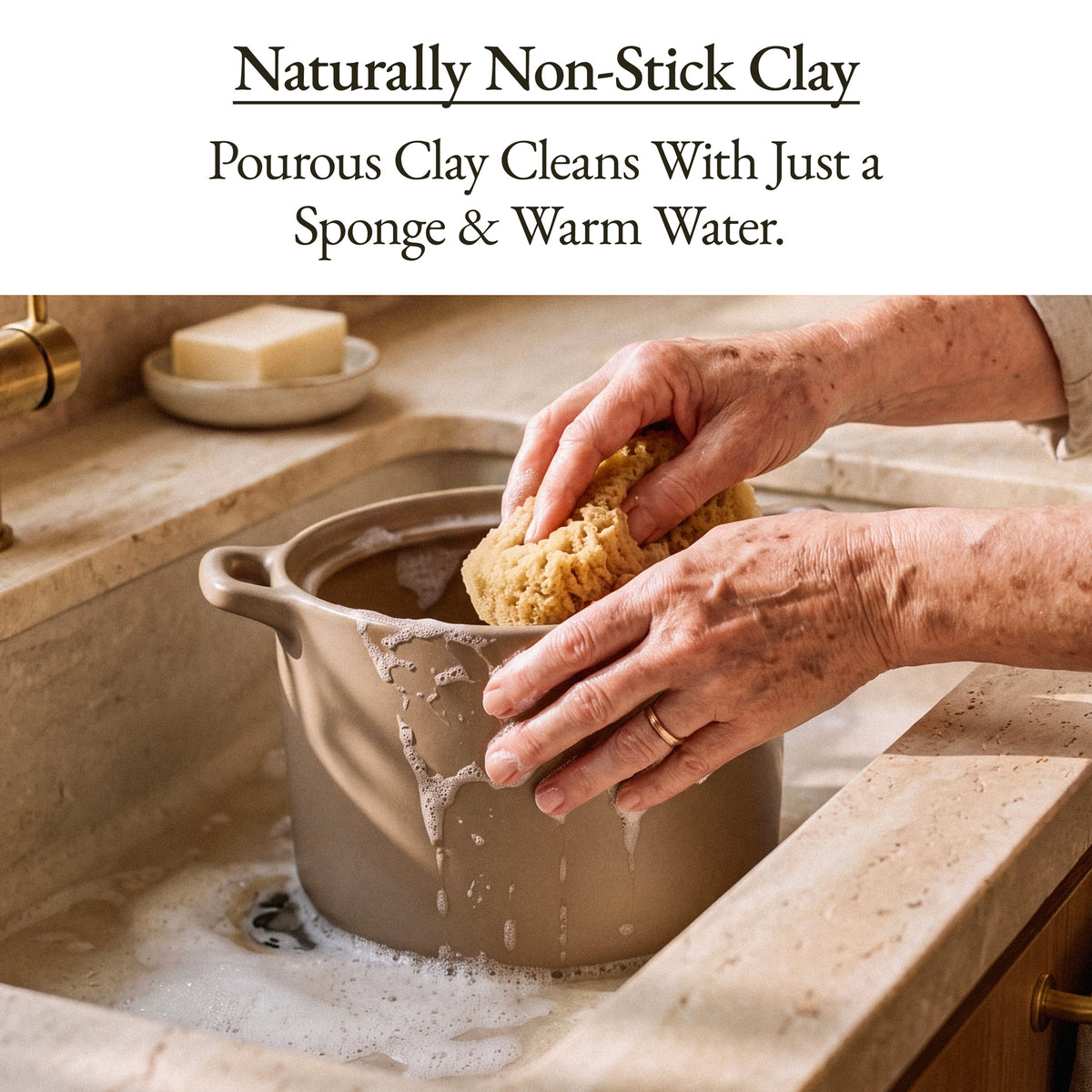 Hands washing the Mocha Clay Stock Pot with a sponge and warm water in a sink, naturally non-stick clay