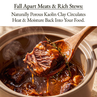 Wooden spoon lifting fall-apart braised beef from the Mocha Clay Stock Pot, clay keeps food moist
