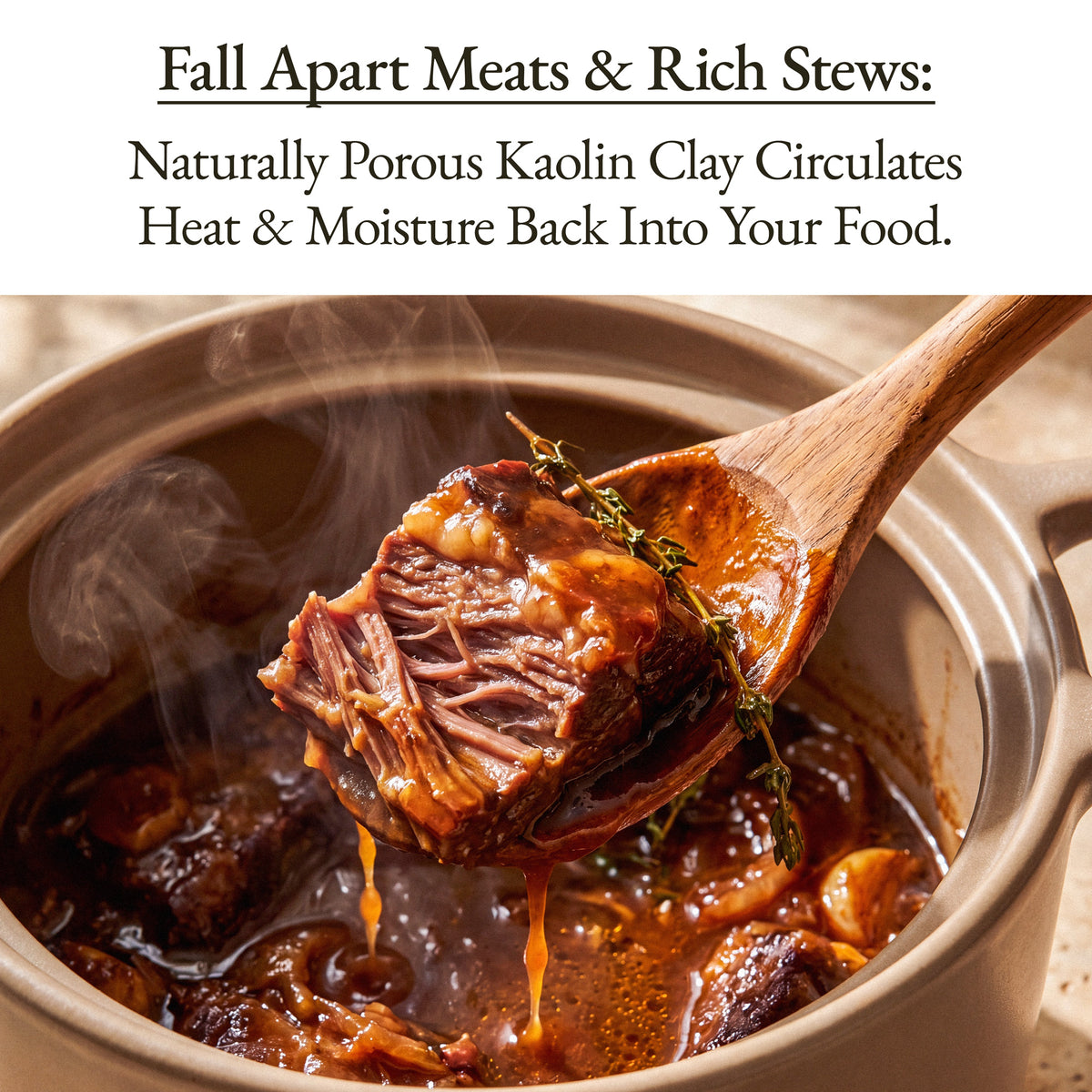 Wooden spoon lifting fall-apart braised beef from the Mocha Clay Stock Pot, a stovetop and oven safe clay pot