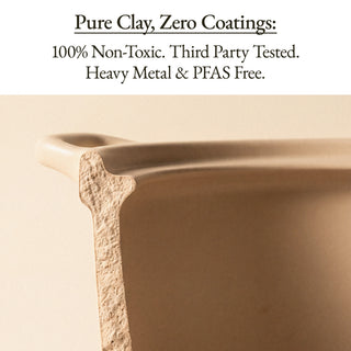 Cutaway of the Stone Clay Stock Pot wall showing pure clay with zero coatings, heavy metal and PFAS free
