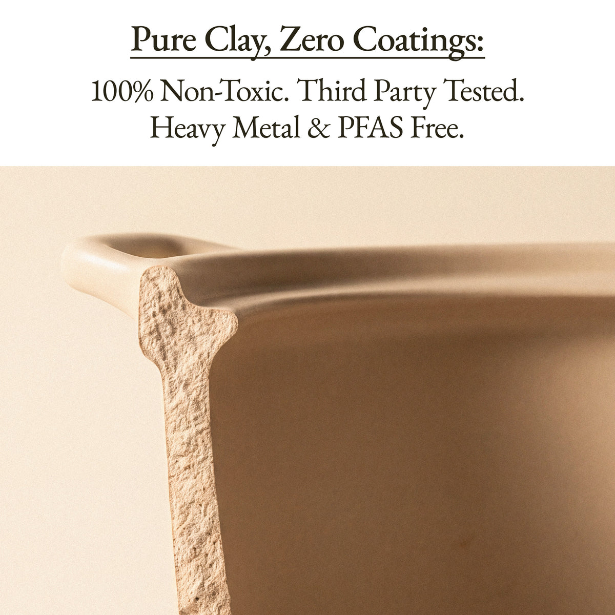 Cutaway of the Mocha Clay Stock Pot wall showing pure clay with zero coatings, third-party tested