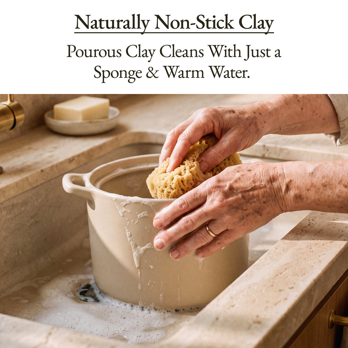 Hands washing the Stone Clay Stock Pot with a sponge and warm water, naturally non-stick clay
