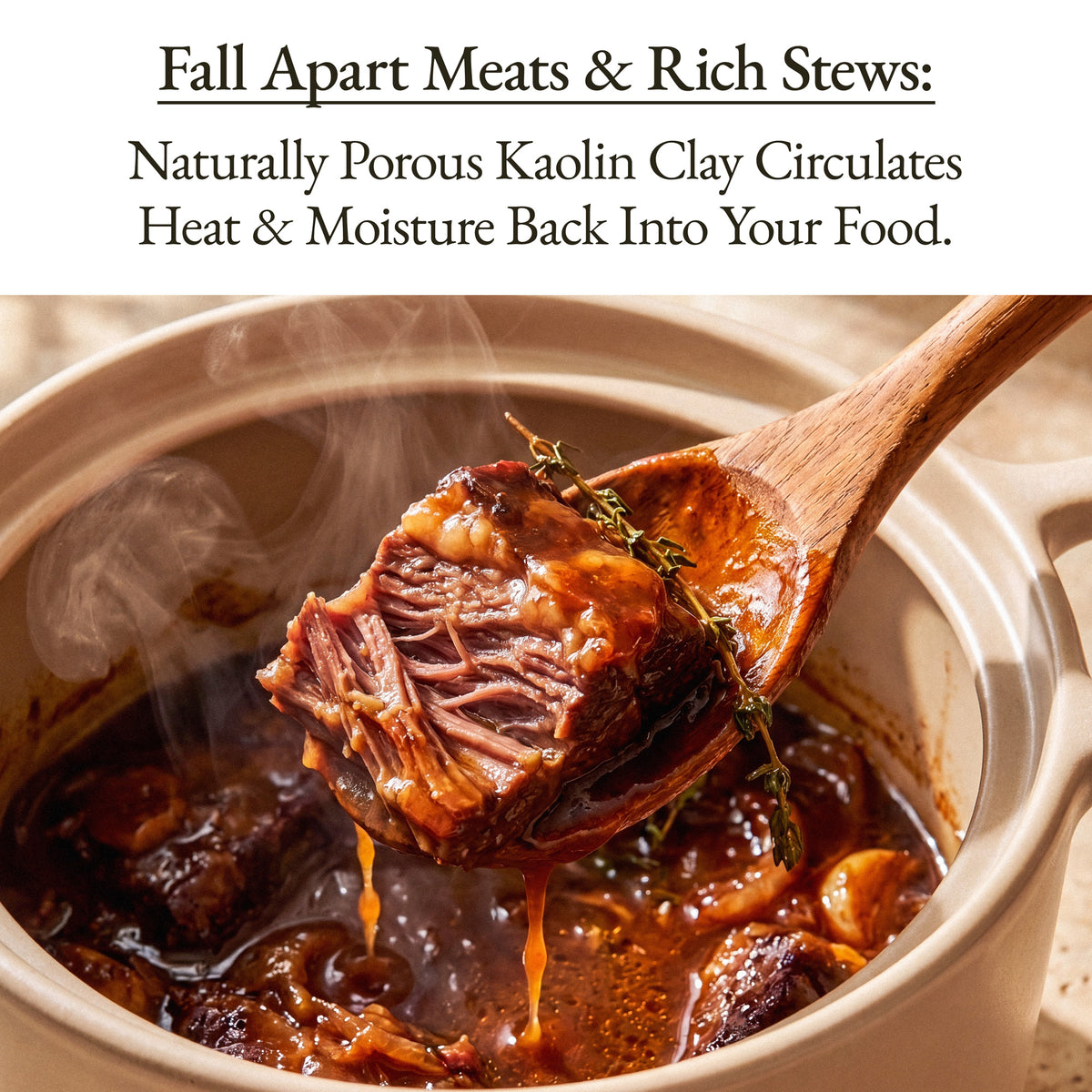 Wooden spoon lifting fall-apart braised beef from the Stone Clay Stock Pot, clay keeps food moist