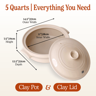 The Flami Pot showing dimensions and features of a 5-quart clay pot with lid for non-toxic cookware.