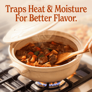 The Flami Pot on stovetop, showcasing its ability to trap heat and moisture for enhanced flavor.