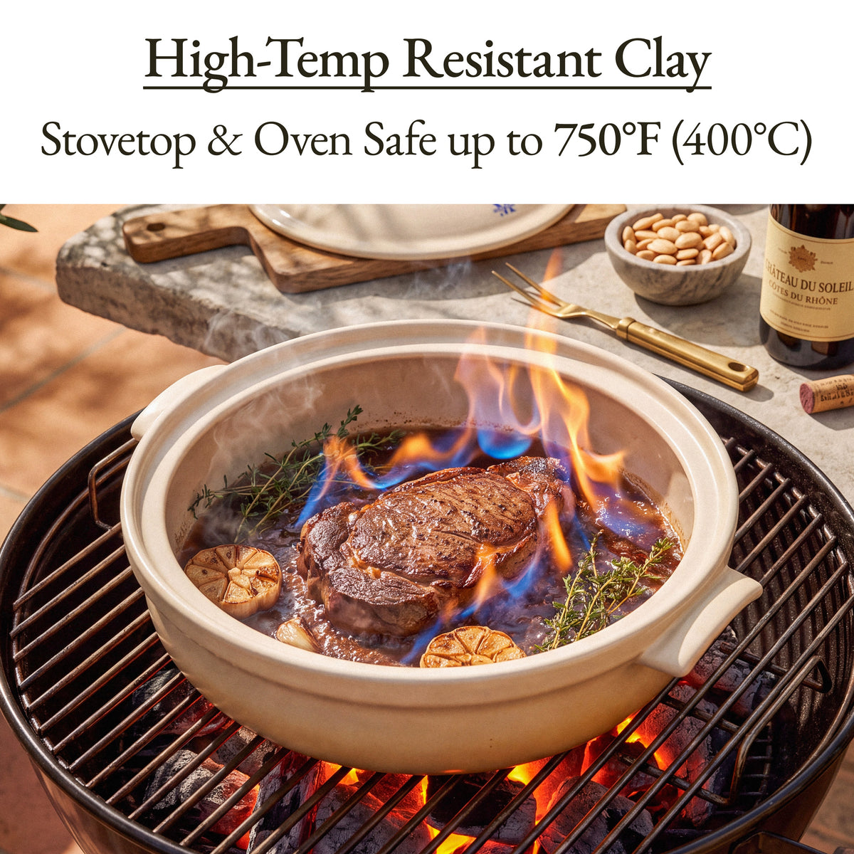 Oatmeal Flami Pot Clay Dutch Oven searing a steak over open flames on a grill, stovetop and oven safe up to 750°F