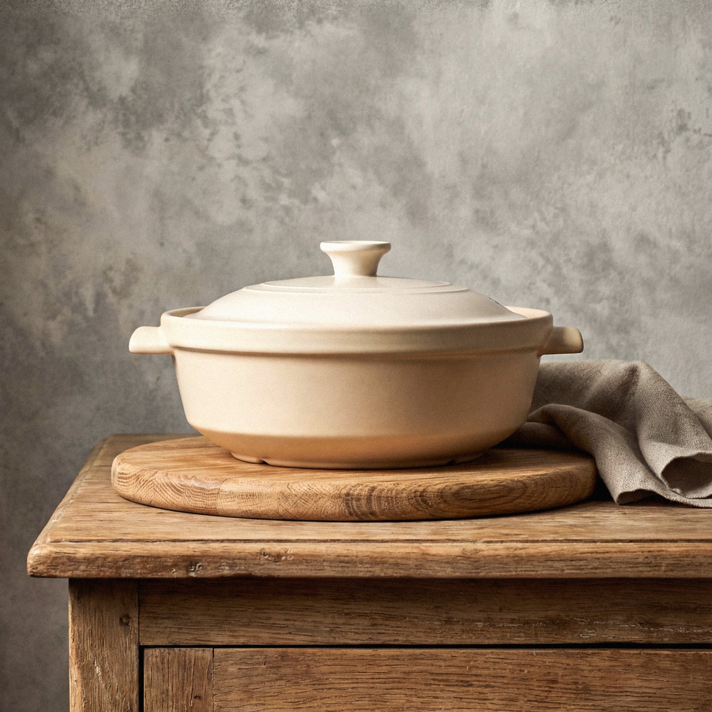 The Flami Pot on a wooden board, showcasing non-toxic cookware for chemical-free cooking.