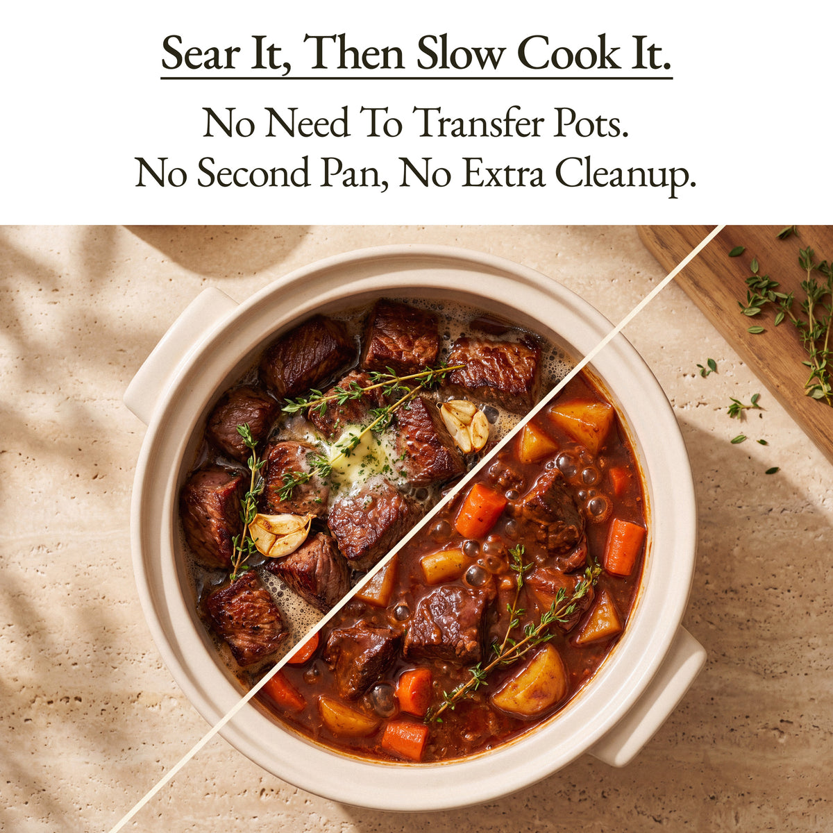 Oatmeal Flami Pot split view of seared beef and finished slow-cooked stew in the same pot, no transferring pans