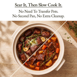 Oatmeal Flami Pot split view of seared beef and finished slow-cooked stew in the same pot, no transferring pans
