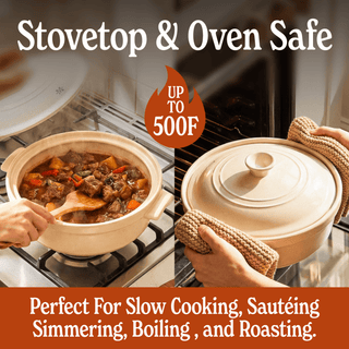 The Flami Pot on stovetop, showcasing its versatility for slow cooking, simmering, and roasting.
