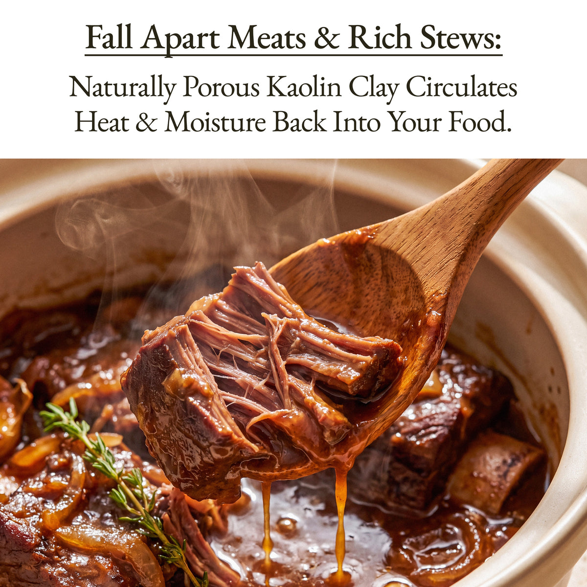 Wooden spoon lifting fall-apart braised beef from the Oatmeal Flami Pot, kaolin clay circulates heat and moisture