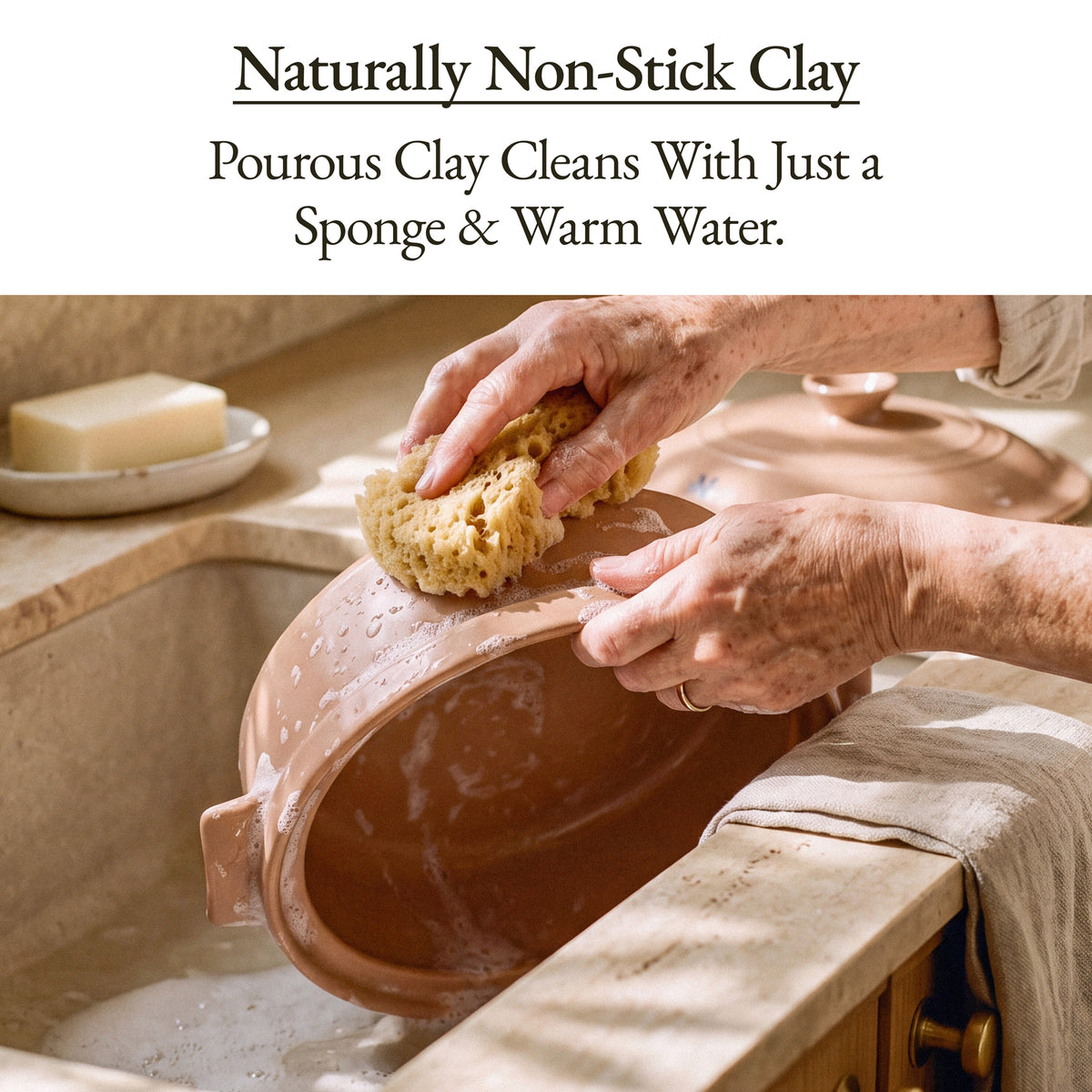 Hands washing the Brown Sugar Flami Pot with a sponge and warm water in a sink, naturally non-stick clay