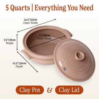 The Flami Pot showing dimensions, a handcrafted clay pot and lid, perfect cookware for non-toxic cooking.