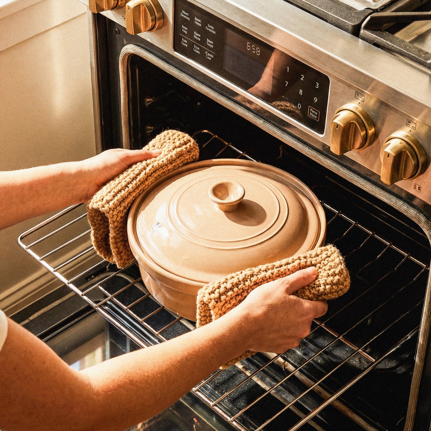 A person using oven mitts to take The Flami Pot out of the oven, showcasing non-toxic cookware in action.