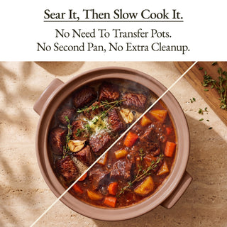 Brown Sugar Flami Pot split view of seared beef and finished slow-cooked stew in the same pot, no extra cleanup