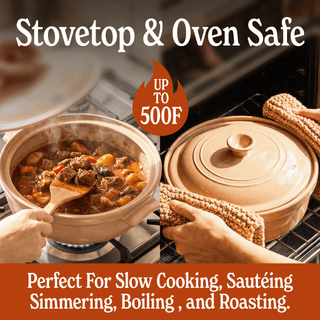 The Flami Pot, stovetop and oven safe, perfect for slow cooking, sautéing, simmering, boiling, and roasting.