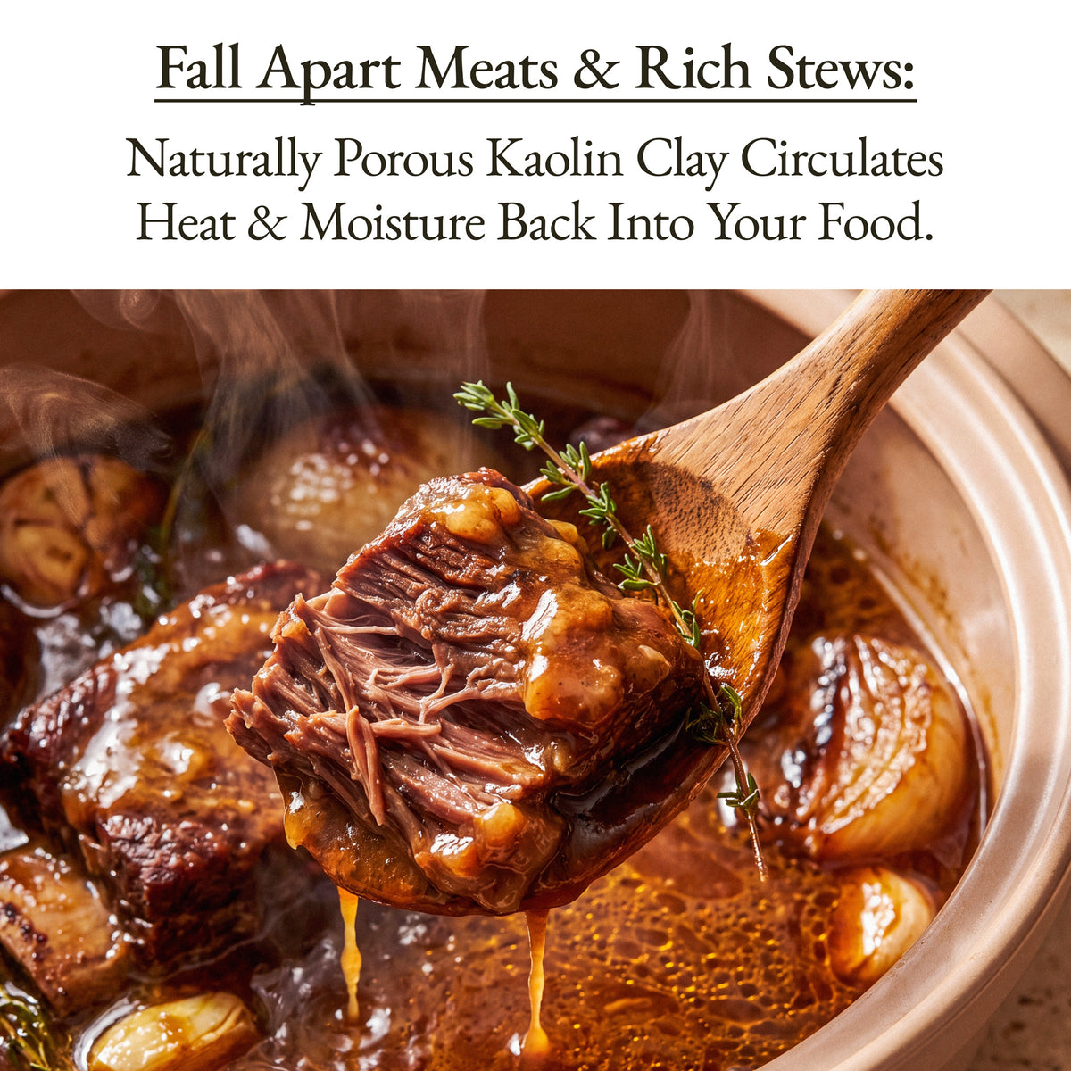 Wooden spoon lifting fall-apart braised beef from the Brown Sugar Flami Pot, kaolin clay keeps food moist