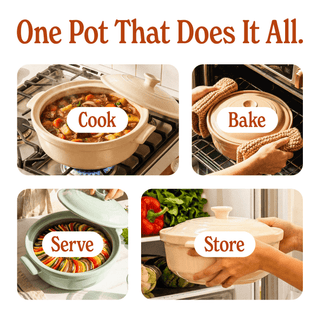 The Flami Pot in action, showcasing its versatility to cook, bake, serve, and store delicious meals.