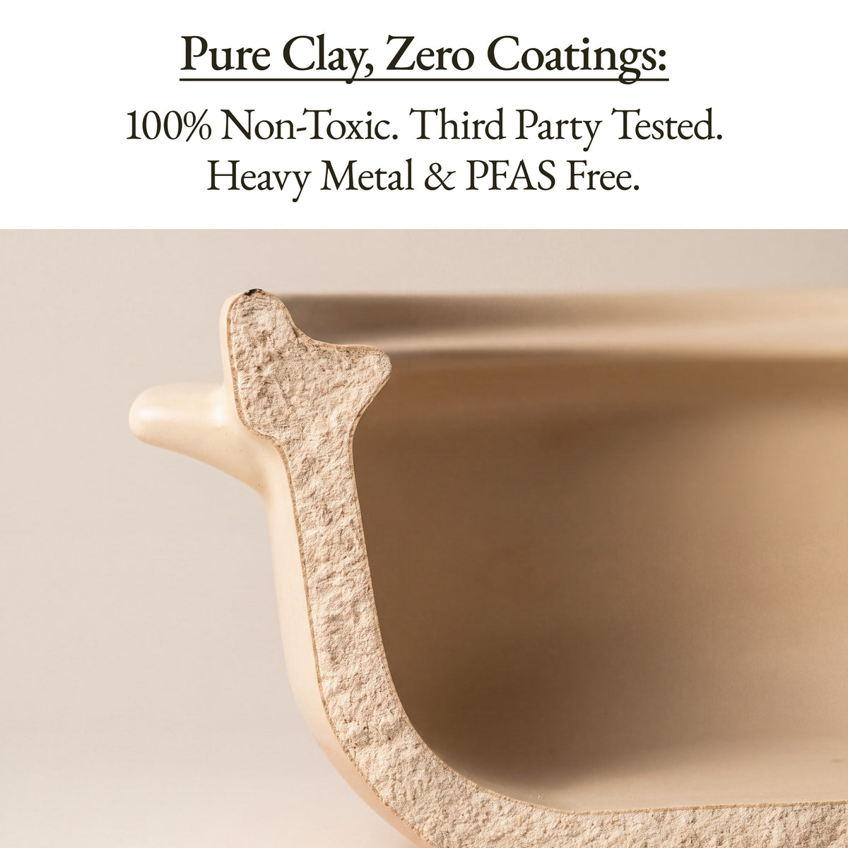 Cutaway of the Oatmeal Flami Pot Clay Dutch Oven wall showing pure clay with zero coatings, heavy metal and PFAS free
