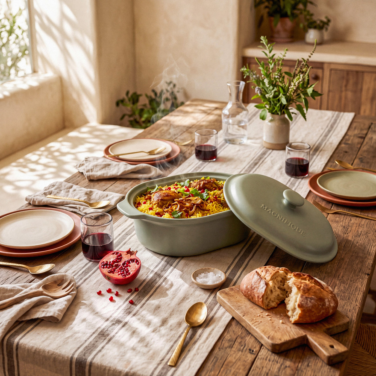 Sage Claypot pot filled with a rice dish on a set dining table with wine and bread